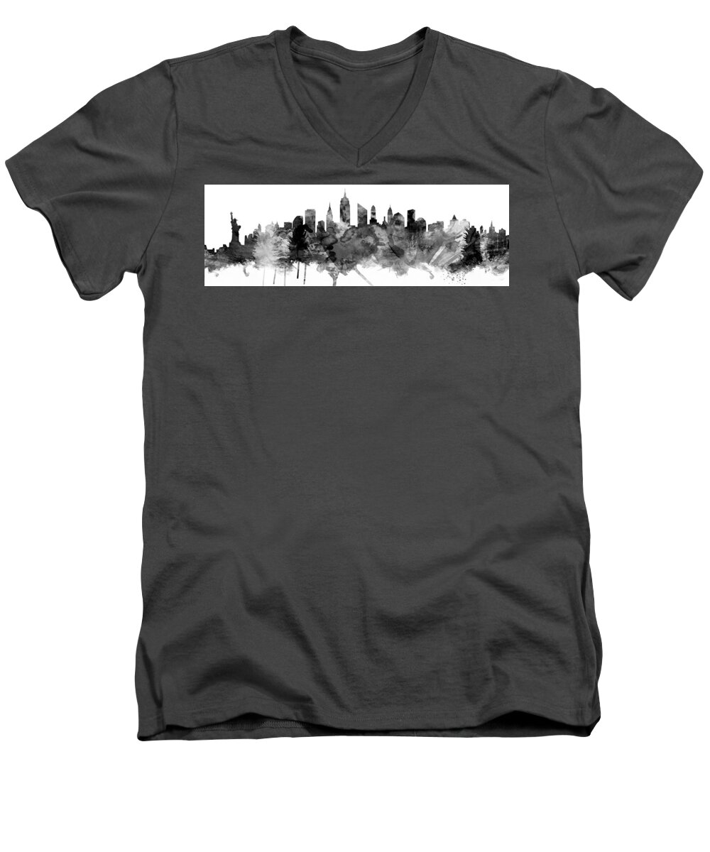 New York Men's V-Neck T-Shirt featuring the digital art New York City Skyline Panoramic 3-1 by Michael Tompsett