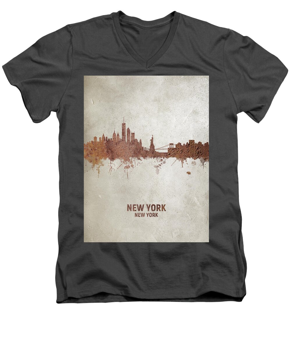 New York Men's V-Neck T-Shirt featuring the digital art New York Rust Skyline by Michael Tompsett