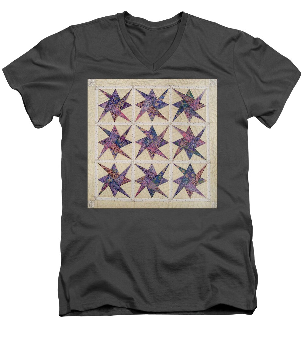 Art Quilt Men's V-Neck T-Shirt featuring the tapestry - textile Nine Stars dipping their toes in the sea Sending Ripples to the Shore by Pam Geisel