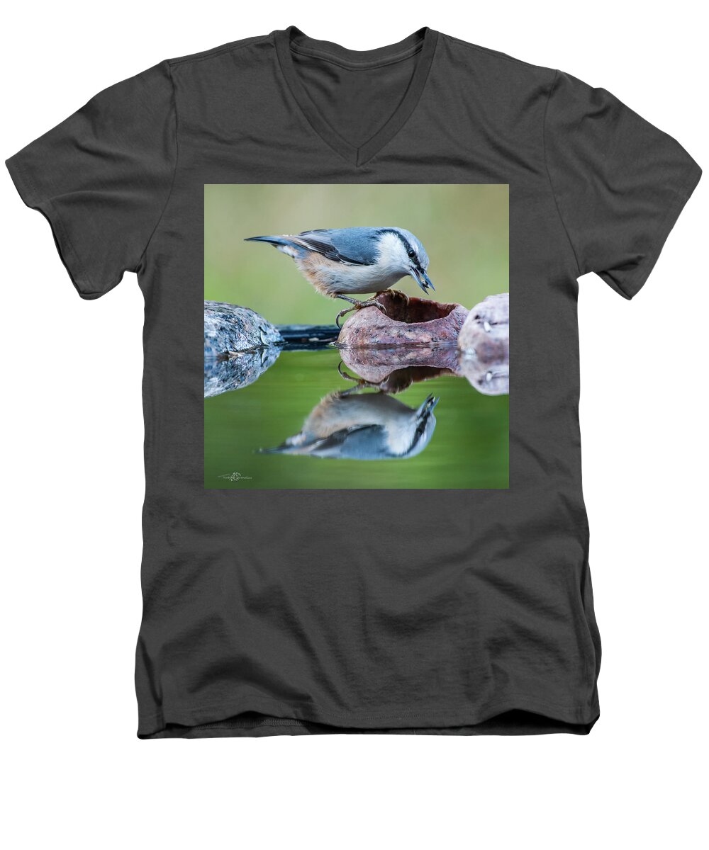 Nuthatch Men's V-Neck T-Shirt featuring the photograph Nuthatch's catch by Torbjorn Swenelius