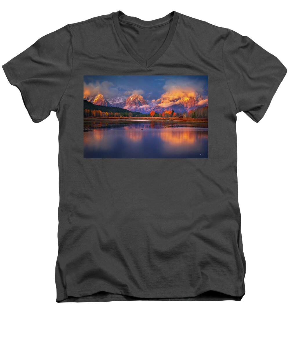 October Men's V-Neck T-Shirt featuring the photograph Sunrise At Oxbow Bend by Chris Steele