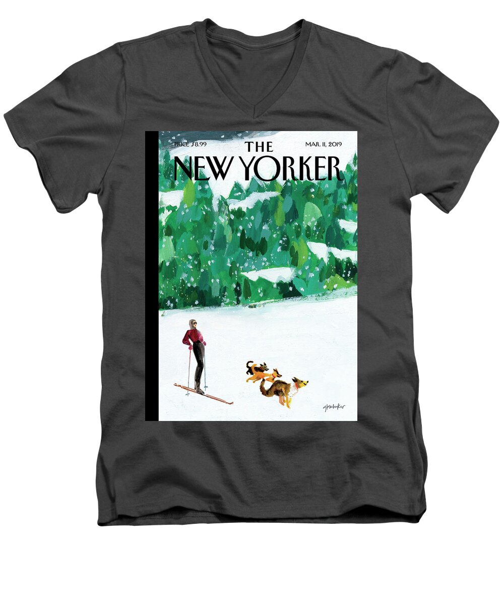Skiing Men's V-Neck T-Shirt featuring the painting Off The Path by Gayle Kabaker