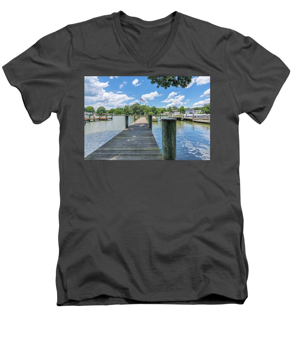 Landscape Men's V-Neck T-Shirt featuring the photograph Old Glory on the Pier by Charles Kraus