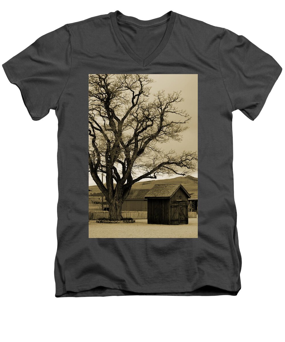Old Shed Men's V-Neck T-Shirt featuring the photograph Old Shanty in Sepia by Colleen Cornelius