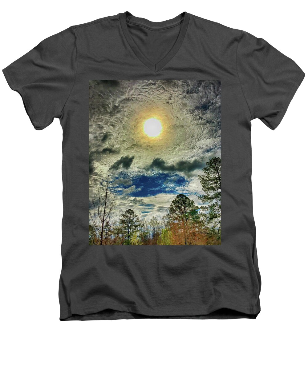 Sunrise Men's V-Neck T-Shirt featuring the photograph Ominous Skies by Michael Frank