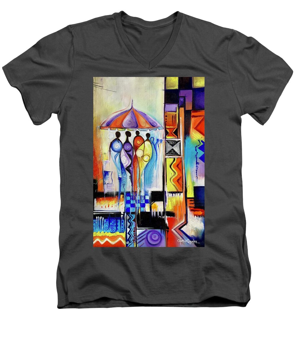 Africa Men's V-Neck T-Shirt featuring the painting One Umbrella by Olumide Egunlae