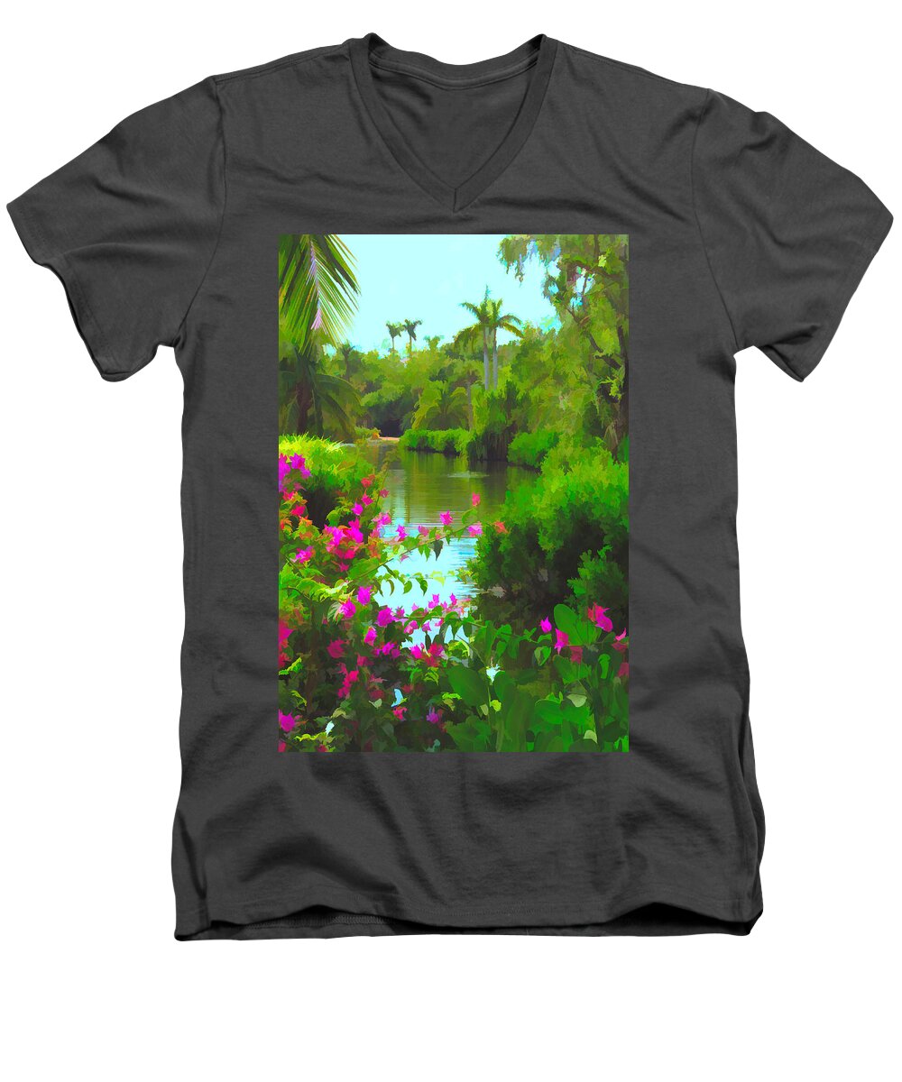 Lake Men's V-Neck T-Shirt featuring the mixed media Painted Tropical Lake by Rosalie Scanlon