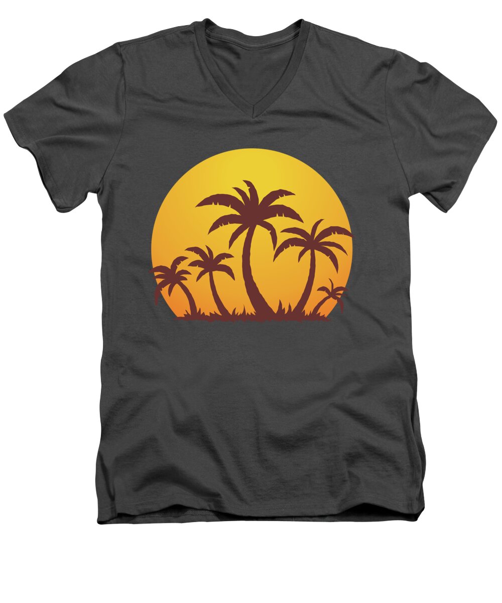 Sea Men's V-Neck T-Shirt featuring the digital art Palm Trees and Sun by John Schwegel