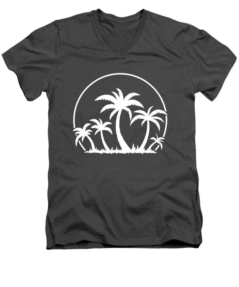 Beach Men's V-Neck T-Shirt featuring the digital art Palm Trees And Sunset in White by John Schwegel