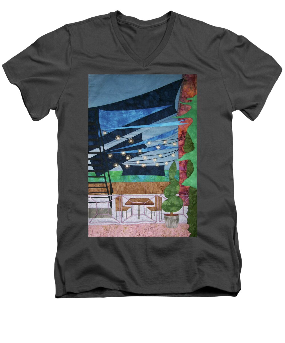 Art Quilt Men's V-Neck T-Shirt featuring the tapestry - textile Patio at the Winds by Pam Geisel