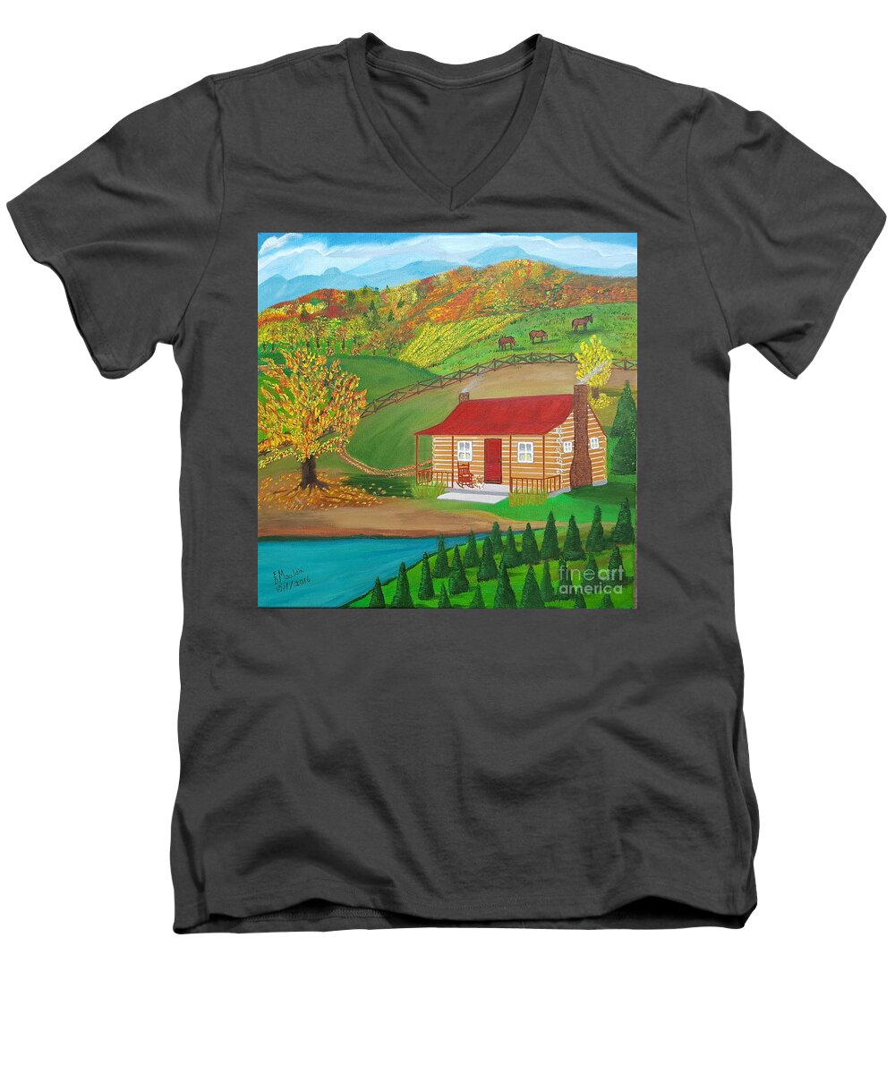 Log Cabin Men's V-Neck T-Shirt featuring the painting Peace in the Valley by Elizabeth Mauldin