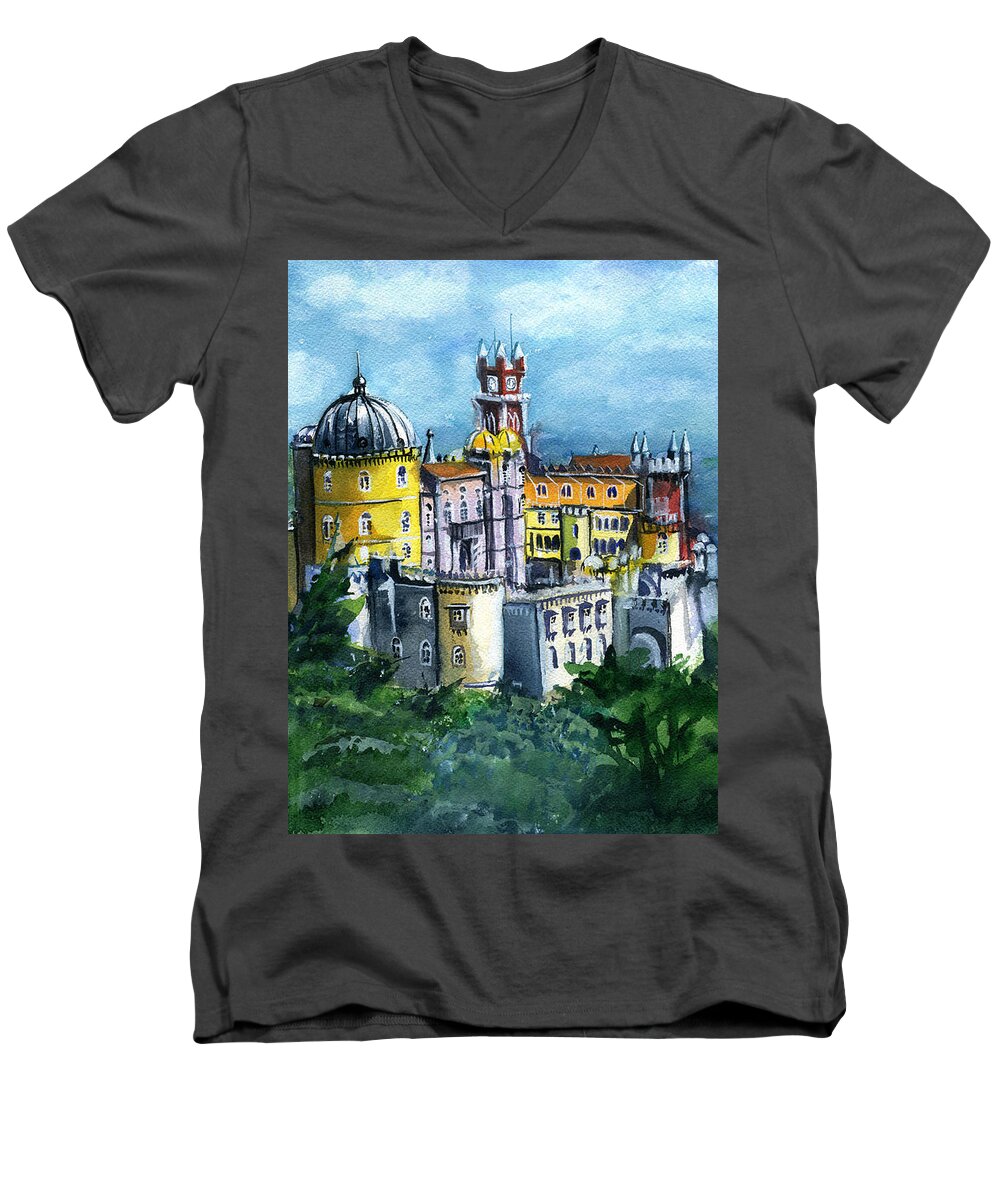 Lisboa Men's V-Neck T-Shirt featuring the painting Pena National Palace in Sintra Portugal by Dora Hathazi Mendes