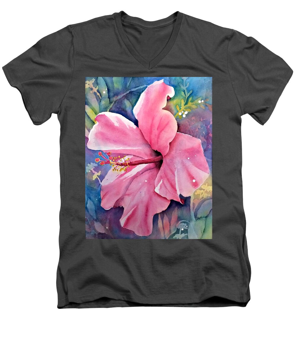 Hibiscus Men's V-Neck T-Shirt featuring the painting Pink Hibiscus by Beth Fontenot