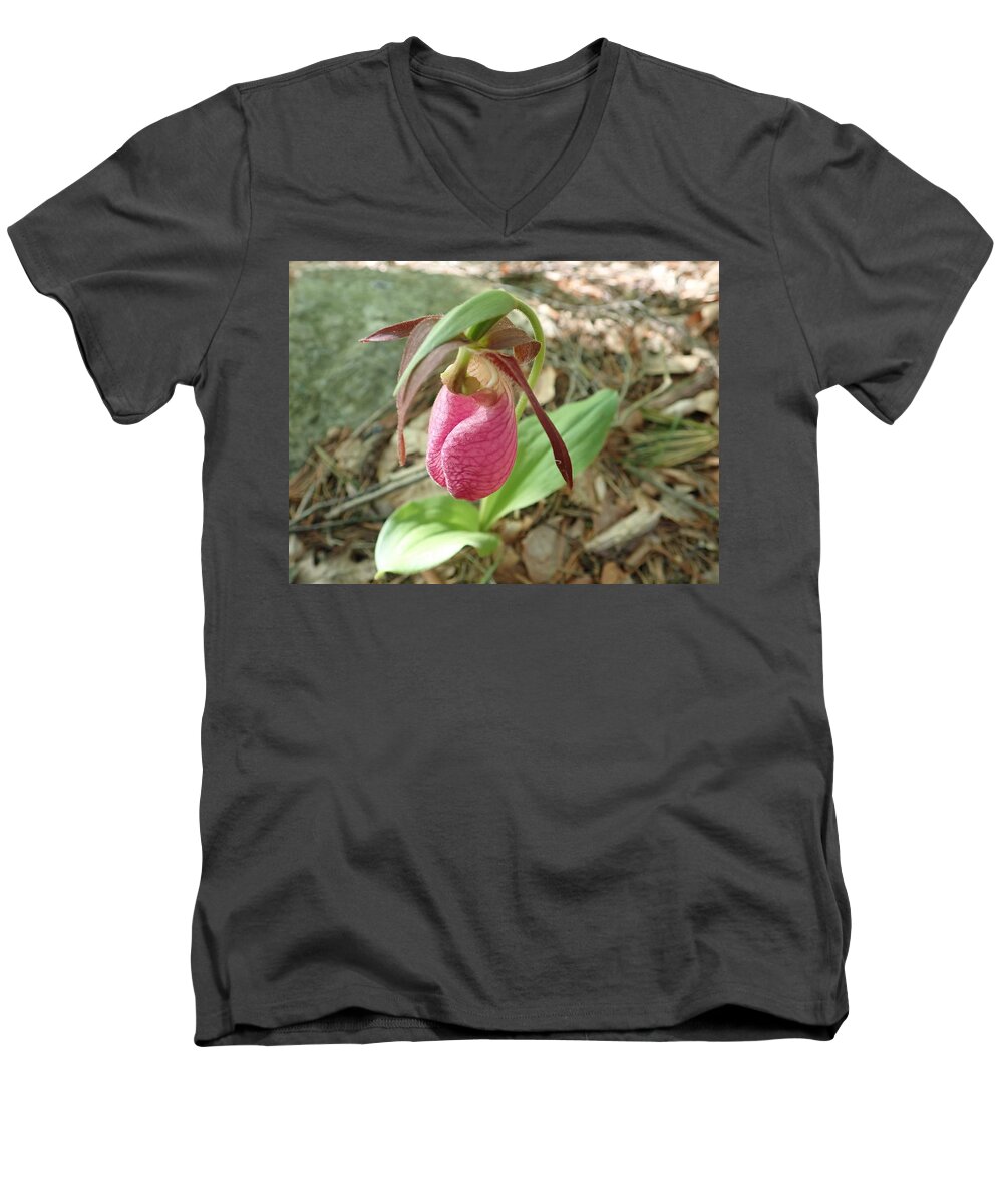 Orchid Men's V-Neck T-Shirt featuring the photograph Pink Lady Slipper 4 by Robert Nickologianis