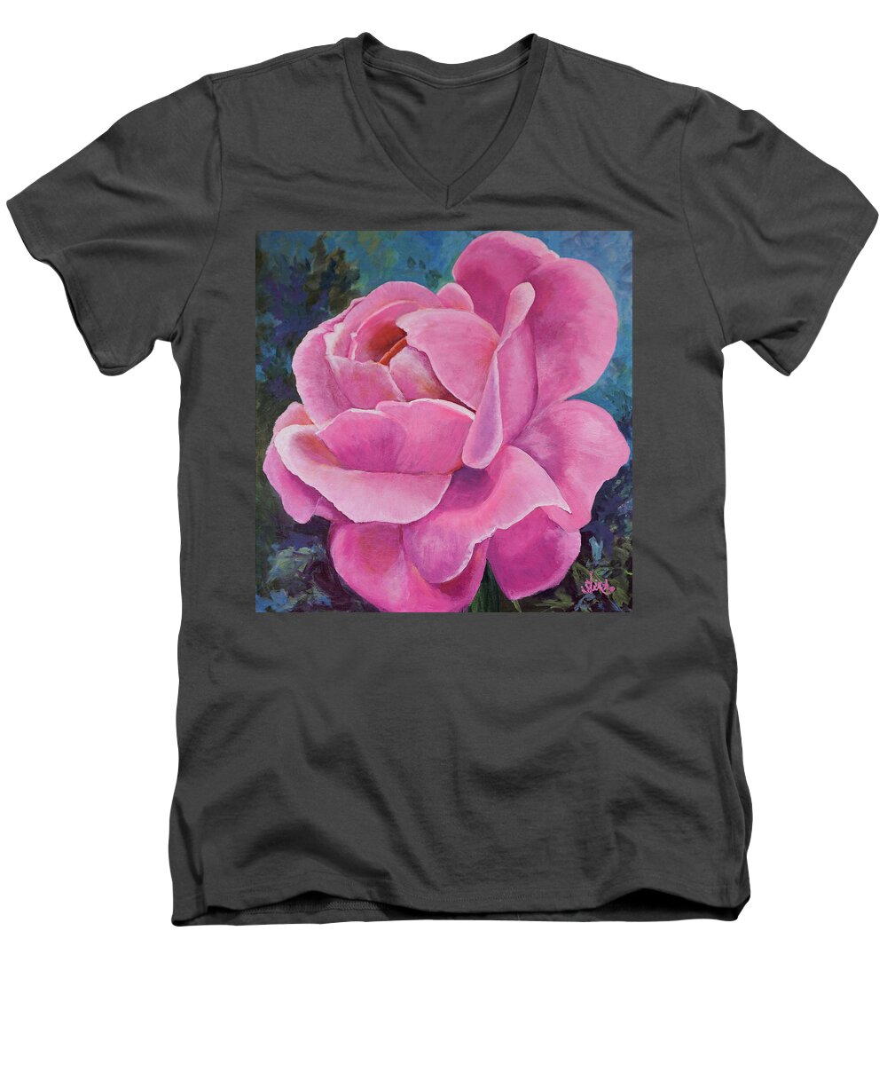 Rose Men's V-Neck T-Shirt featuring the painting Pink Rose by Alika Kumar