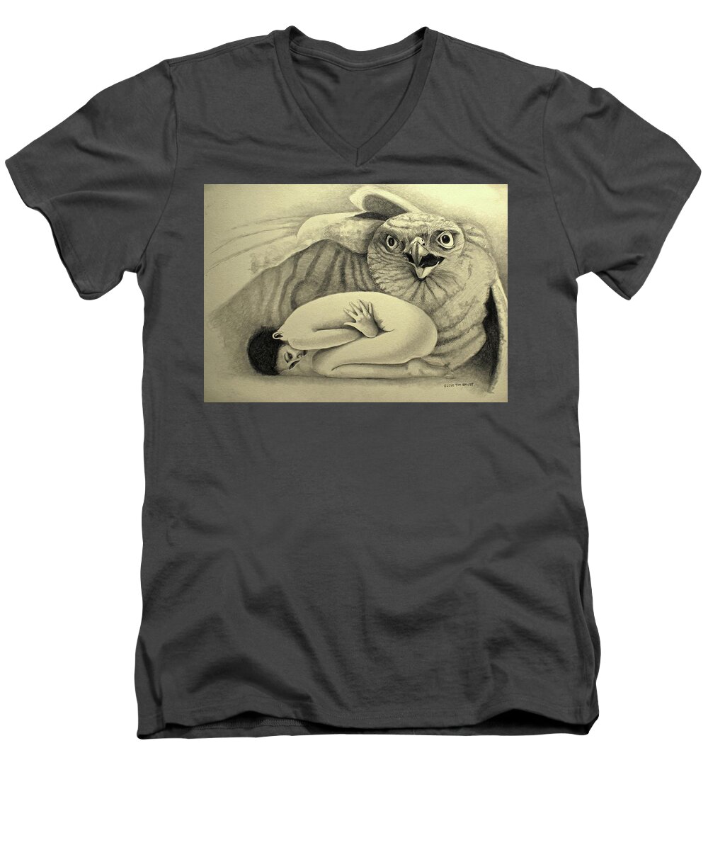 Woman Men's V-Neck T-Shirt featuring the drawing Prey by Tim Ernst