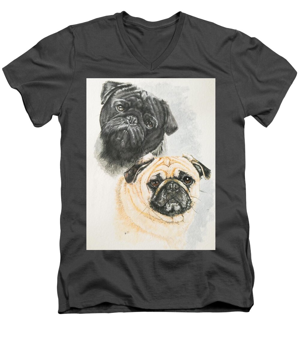 Toy Group Men's V-Neck T-Shirt featuring the painting Pug Brothers in Watercolor by Barbara Keith