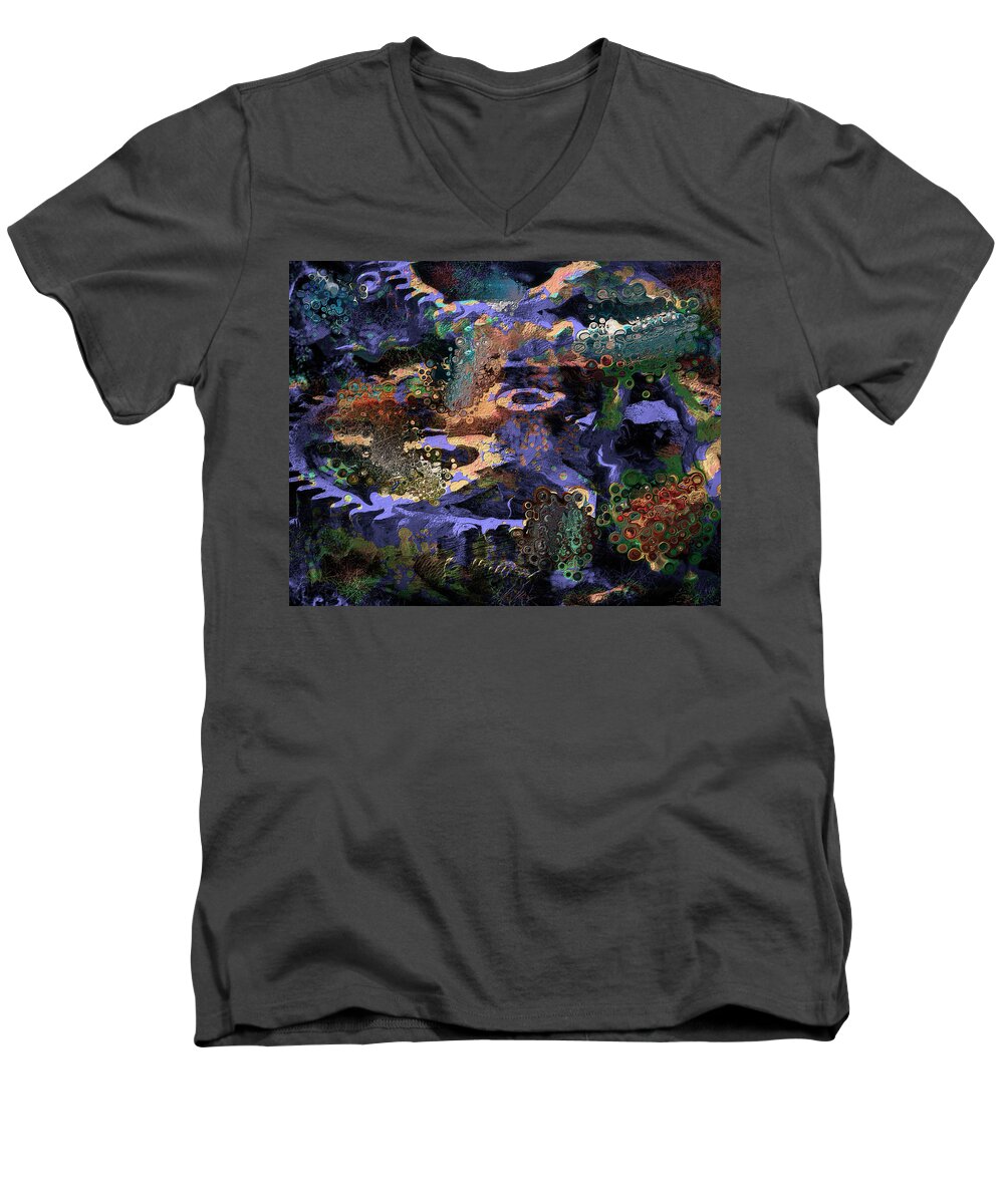 Industrial Men's V-Neck T-Shirt featuring the digital art Purple Wheels Abstract by Sandra Selle Rodriguez