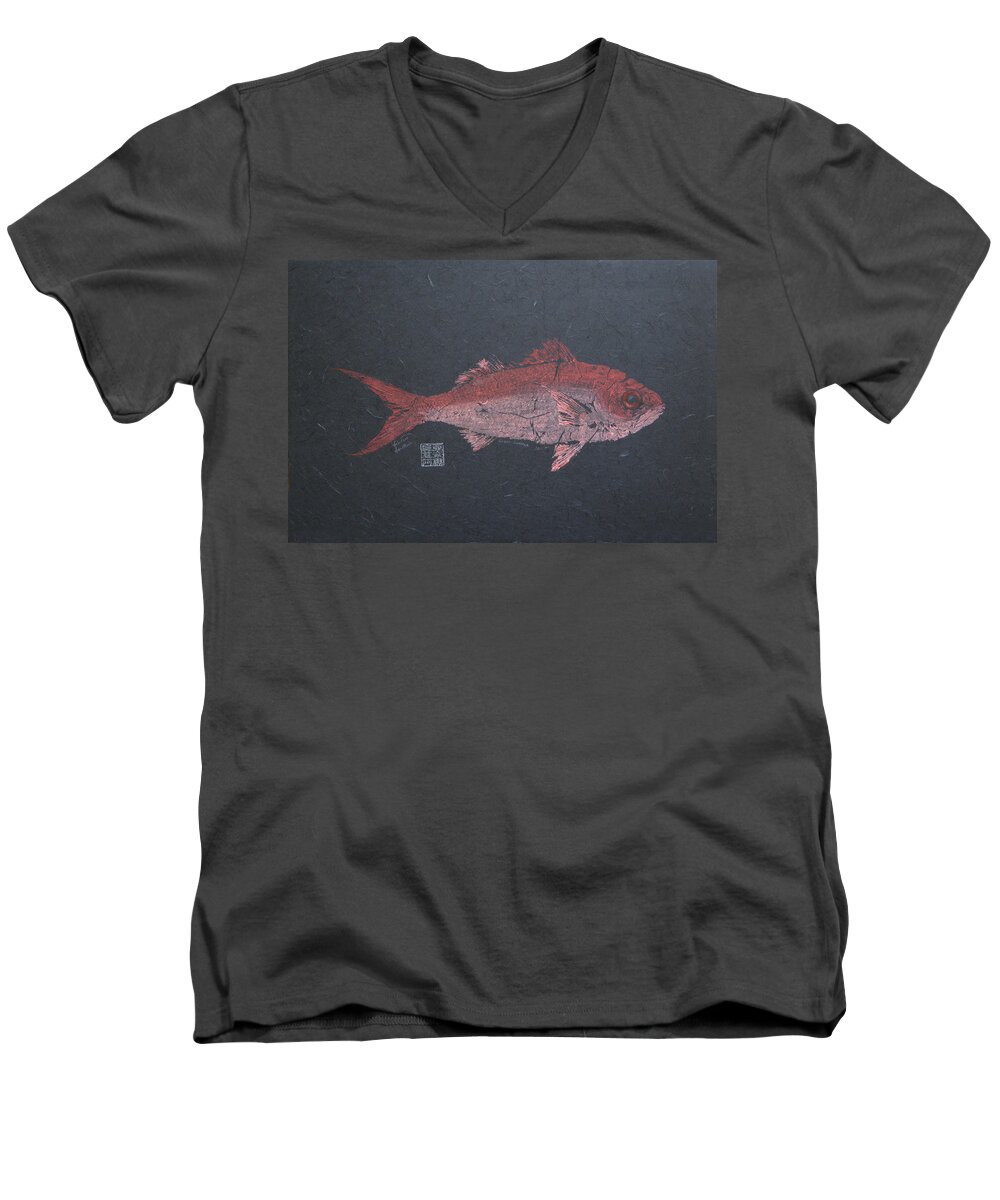 Queen Snapper Men's V-Neck T-Shirt featuring the painting Queen Snapper - Coral on Black Background by Adrienne Dye