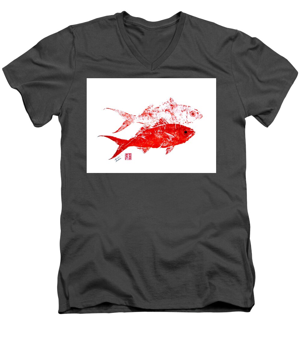 Fish Men's V-Neck T-Shirt featuring the painting Queen Snapper Duo by Adrienne Dye