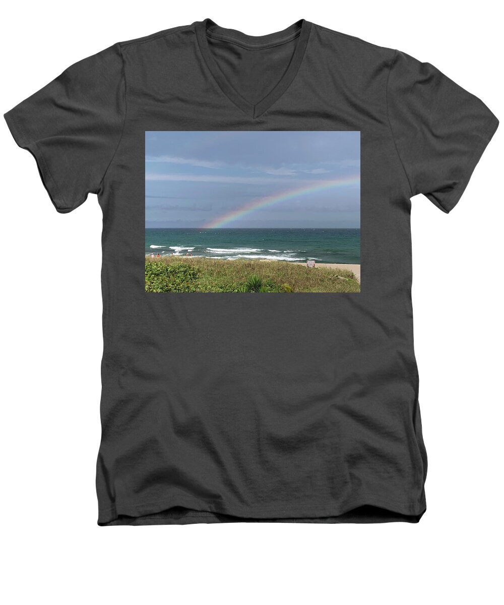 Boca Raton Men's V-Neck T-Shirt featuring the photograph Rainbow at Beach by Karen Zuk Rosenblatt
