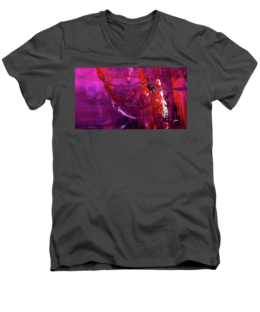 Abstract Men's V-Neck T-Shirt featuring the painting Rainy Day Woman - Purple And Red Large Abstract Art Painting by Modern Abstract