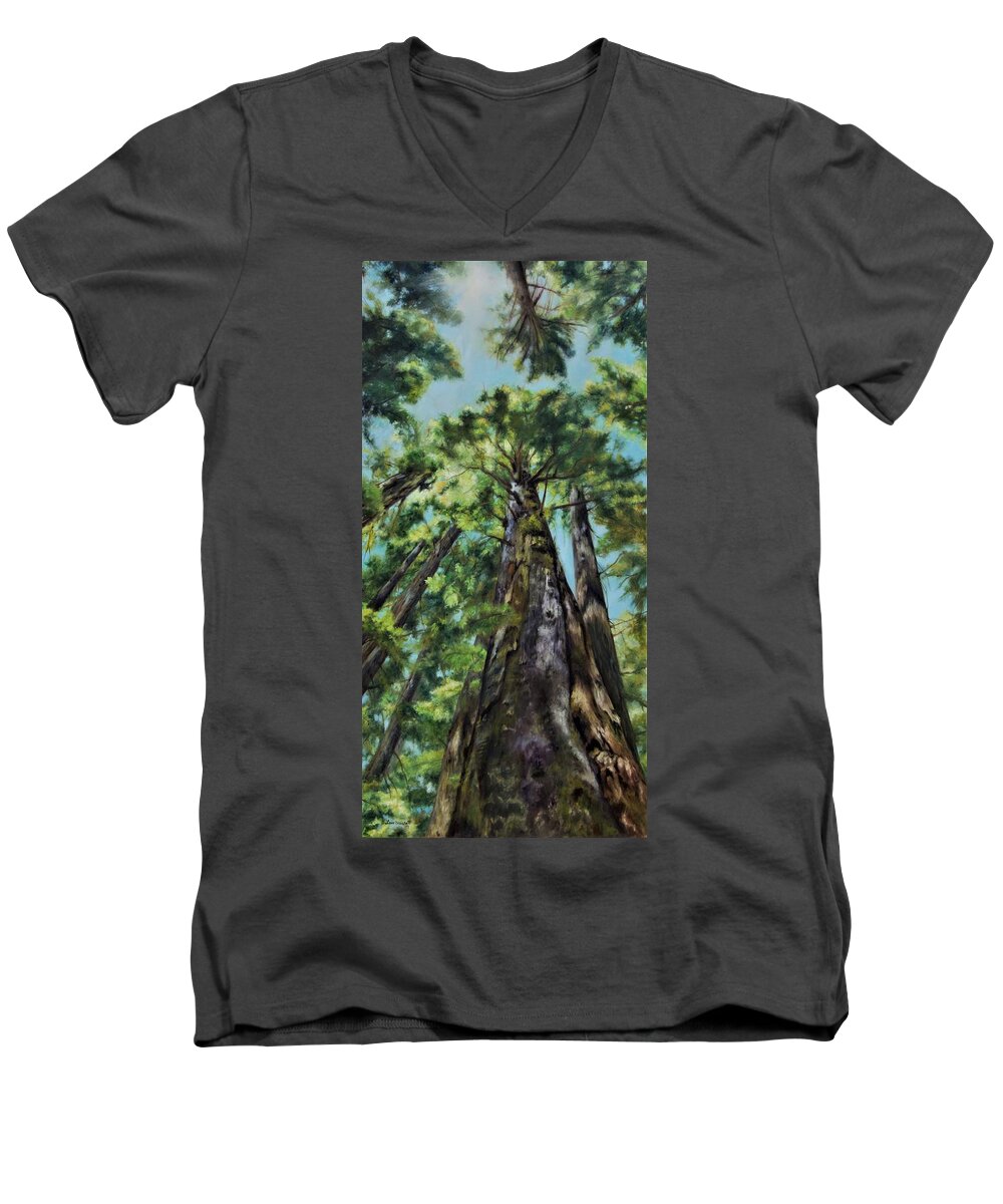 Forest Men's V-Neck T-Shirt featuring the painting Reaching for the Light by Lori Brackett