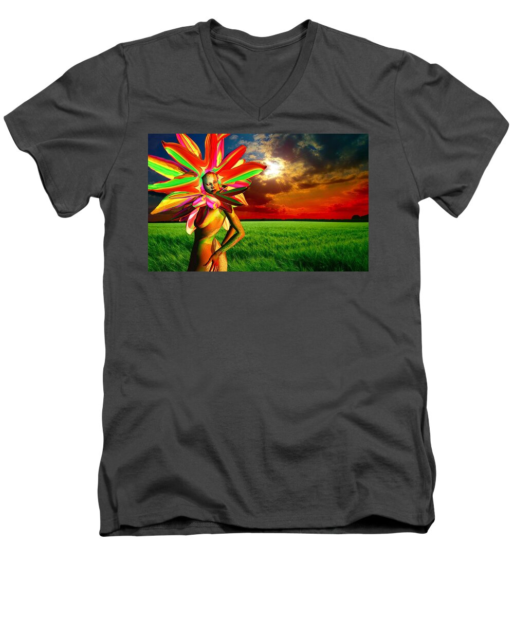 Flower Men's V-Neck T-Shirt featuring the digital art Red Spike by Williem McWhorter