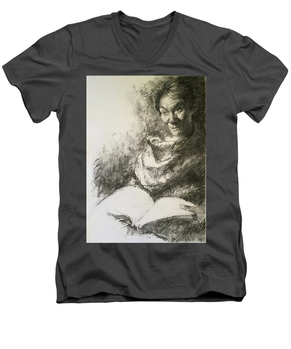 Books Men's V-Neck T-Shirt featuring the drawing Reflection by Ellen Dreibelbis