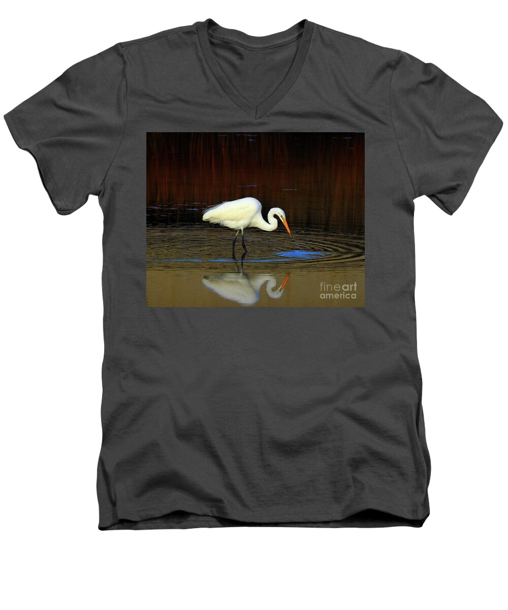 Egret Men's V-Neck T-Shirt featuring the photograph Rippled Reflections by Scott Cameron