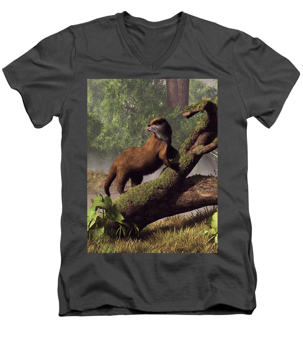 Otter Men's V-Neck T-Shirt featuring the digital art River Otter by Daniel Eskridge