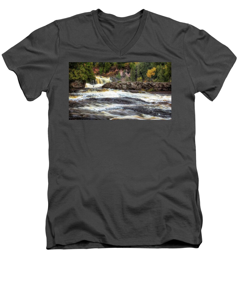 Waterfall Men's V-Neck T-Shirt featuring the photograph Roaring Gooseberry Falls by Susan Rissi Tregoning