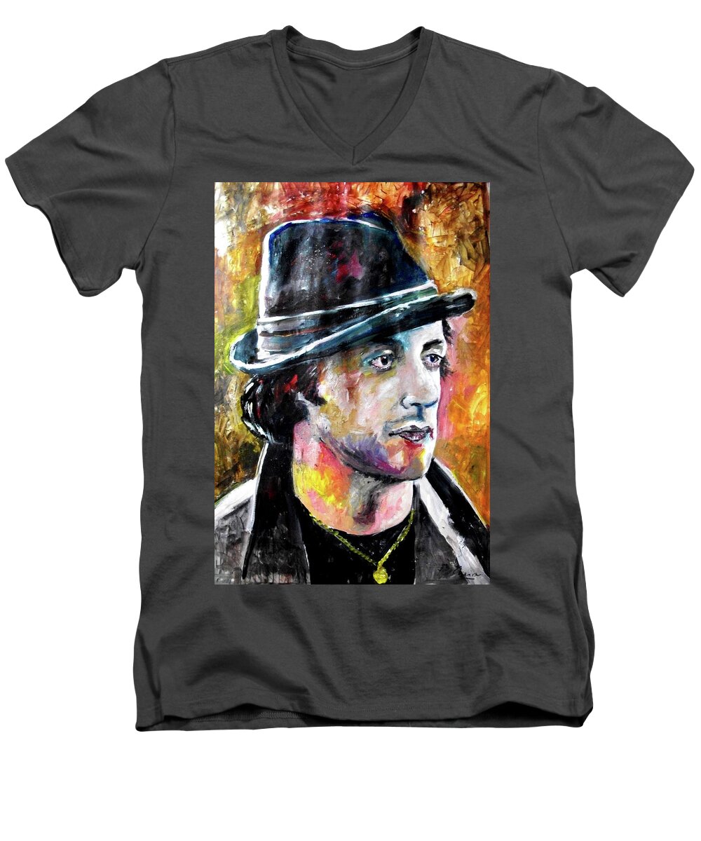 Sylvester Men's V-Neck T-Shirt featuring the painting Rocky Balboa - Sylvester Stallone by Marcelo Neira