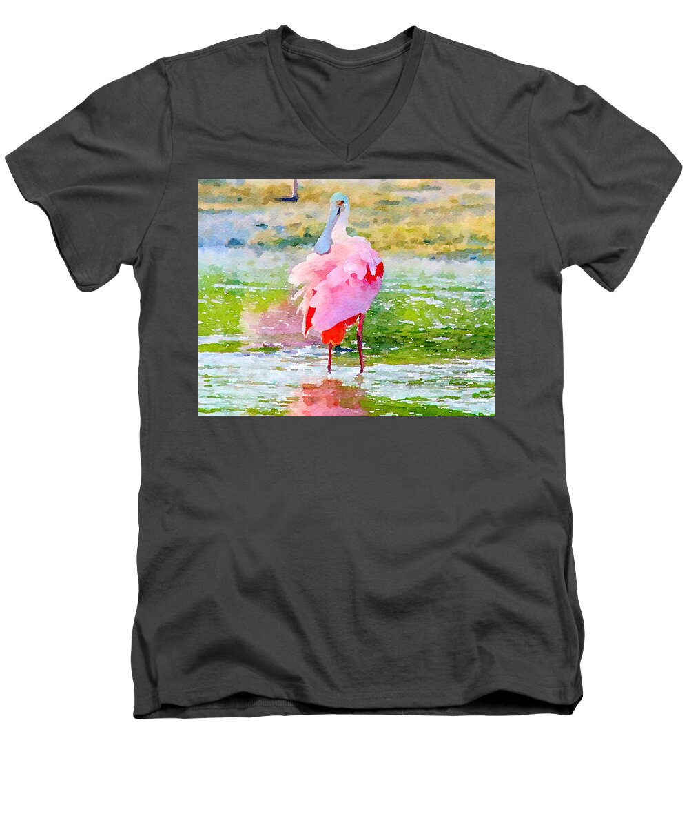 Spoonbill Men's V-Neck T-Shirt featuring the mixed media Roseate Spoonbill Watercolor by Susan Rydberg