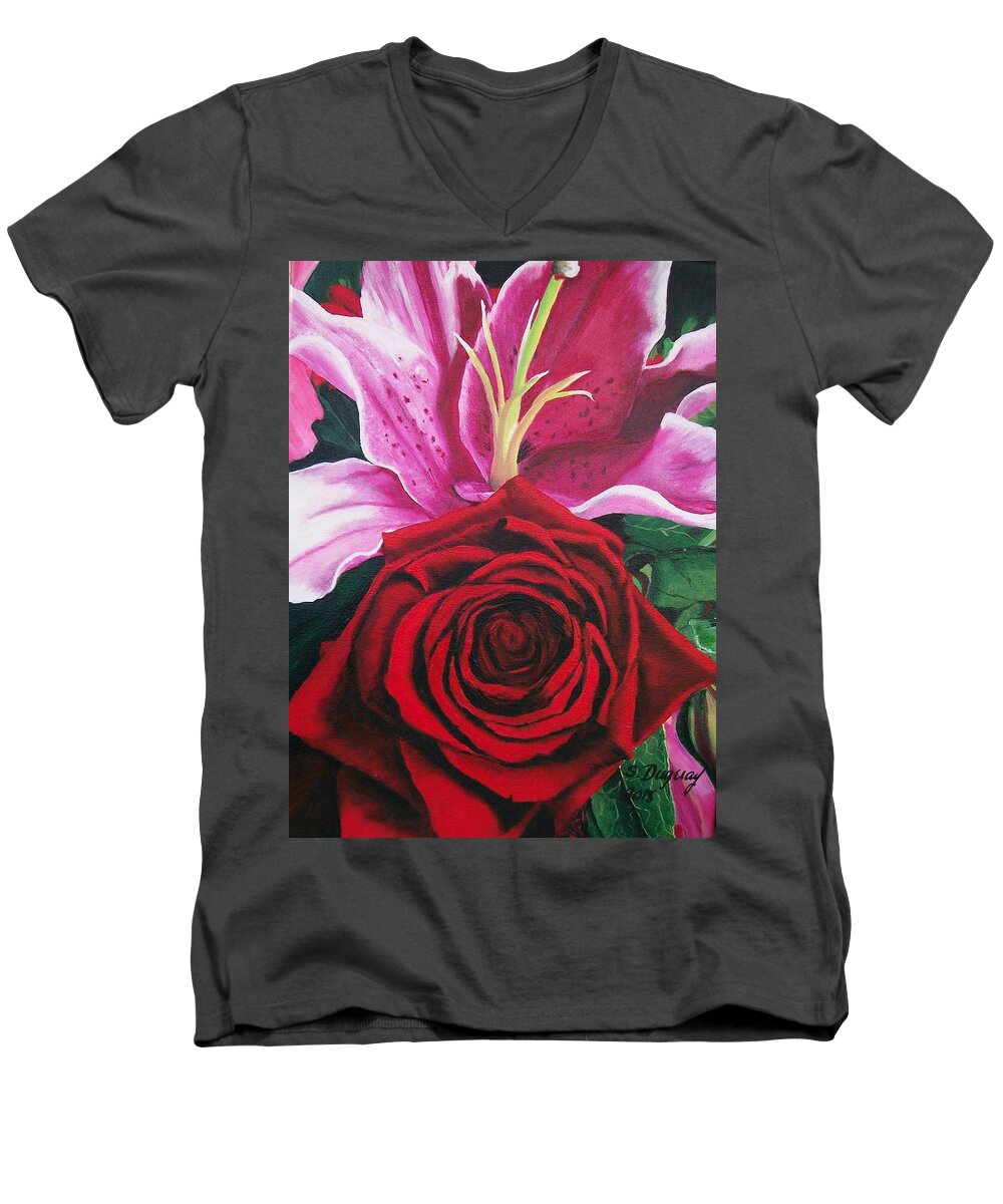 Lily Men's V-Neck T-Shirt featuring the painting Scarlet Knight and a Lily by Sharon Duguay