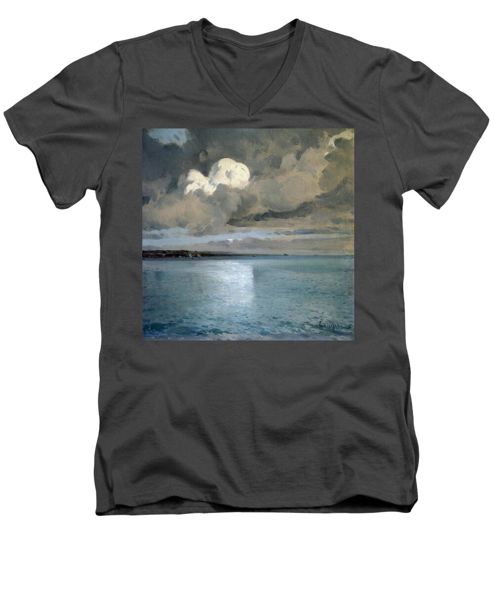 Meifren Eliseo Men's V-Neck T-Shirt featuring the painting Sea Landscape Of Cadaques -'marina De Cadaques'- - Oil On Table - 70x71 Cm. by Eliseu Meifren -1859-1940-