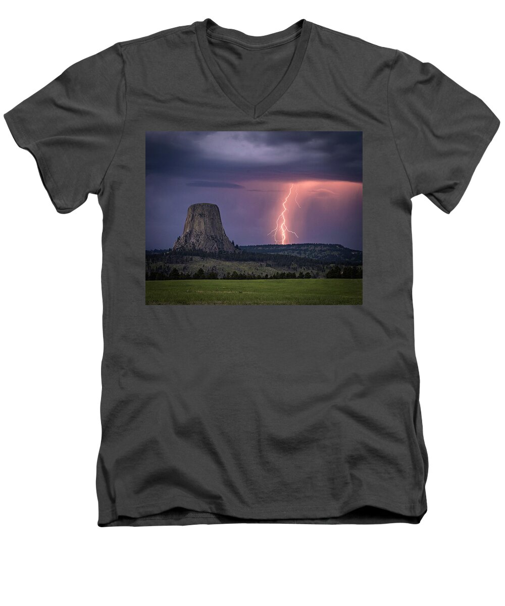 Devils Tower Men's V-Neck T-Shirt featuring the photograph Showers and LIghtning by Laura Hedien