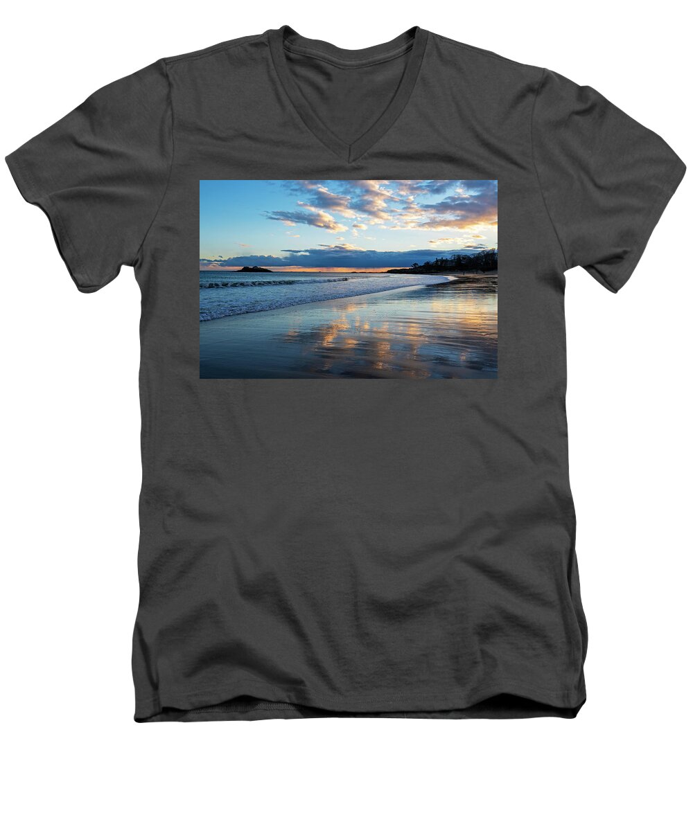Singing Men's V-Neck T-Shirt featuring the photograph Singing Beach Sunset Manchester MA North Shore by Toby McGuire