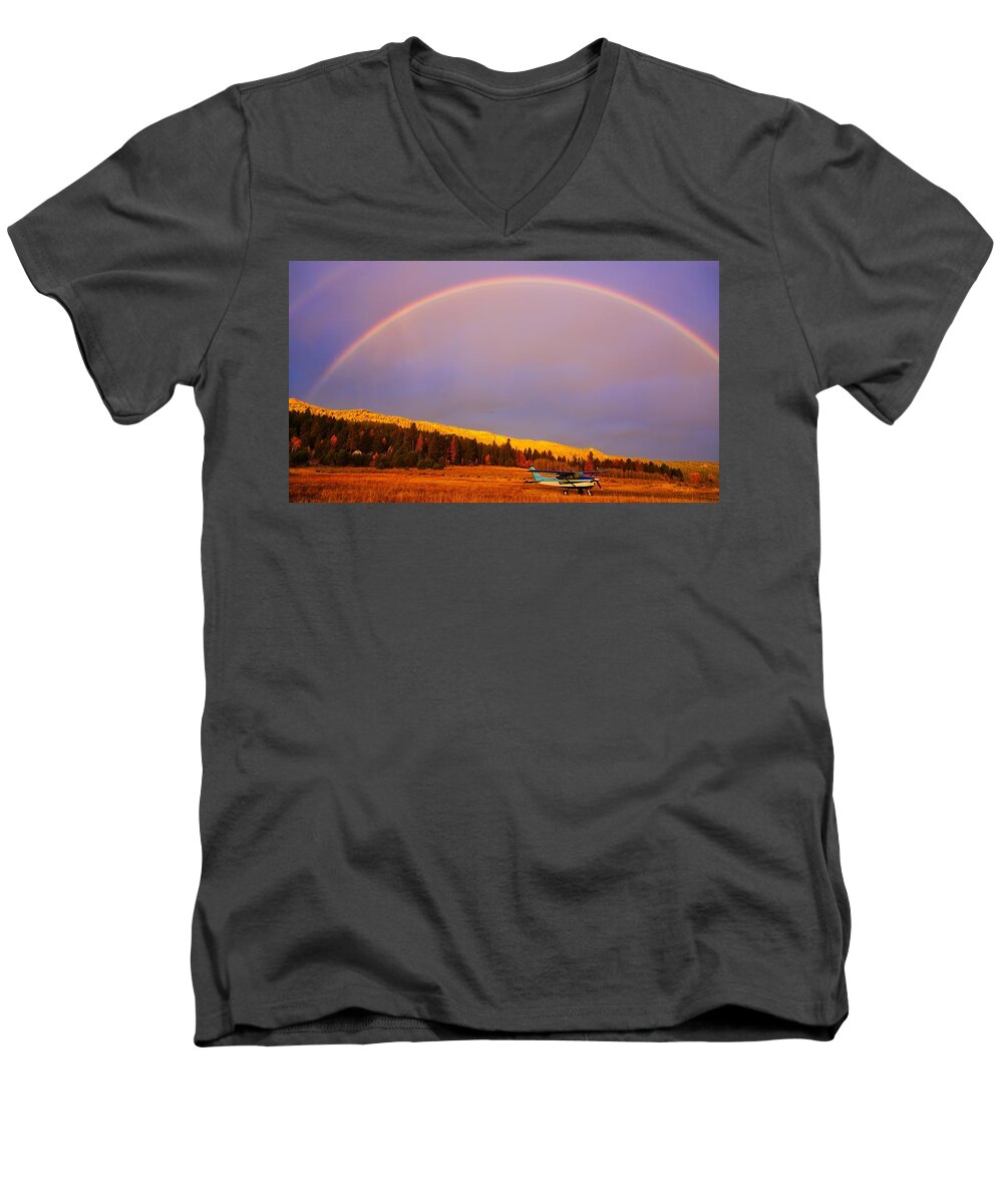 Cessna Men's V-Neck T-Shirt featuring the photograph Skylane Rainbow by Tom Gresham