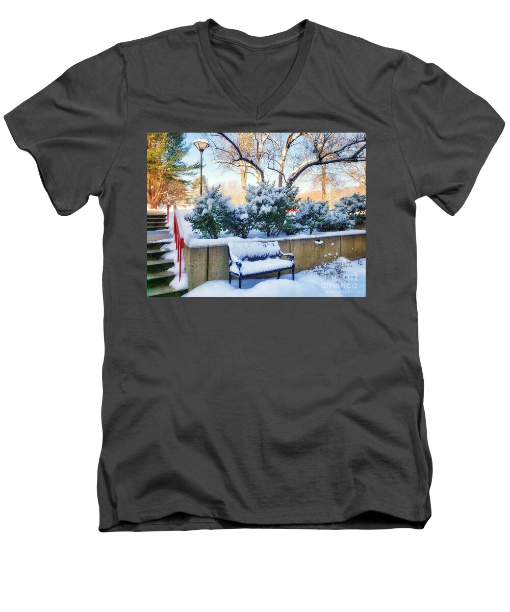 Snow Men's V-Neck T-Shirt featuring the photograph Snowy Bench by Mary Capriole