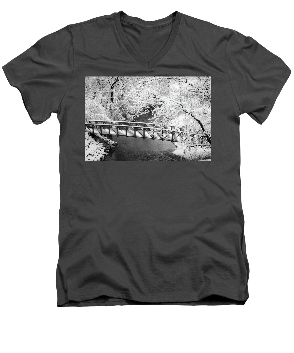 Johnson County Men's V-Neck T-Shirt featuring the photograph Snowy Bridge On Mill Creek by Jeff Phillippi