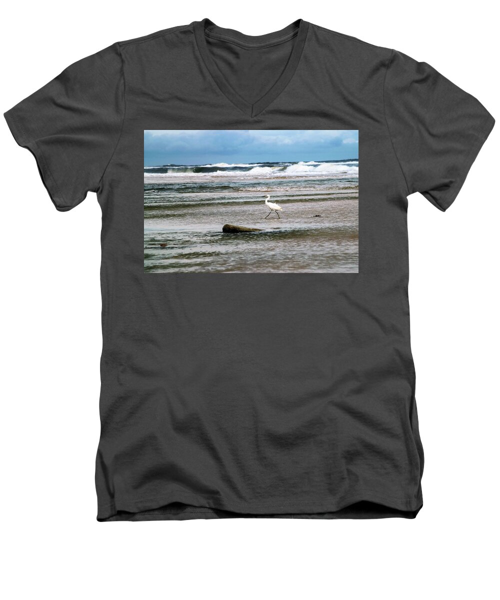 Snowy Egret Men's V-Neck T-Shirt featuring the photograph Snowy Egret Braving the Surf by Mary Ann Artz