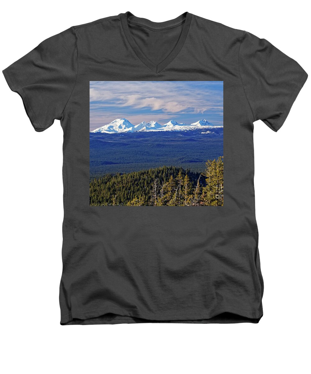 Central Oregon Cascade Mountains Men's V-Neck T-Shirt featuring the photograph South Middle North Sisters and Broken Top Mts in distant snowy Cascade Mountains Oregon USA by Robert C Paulson Jr