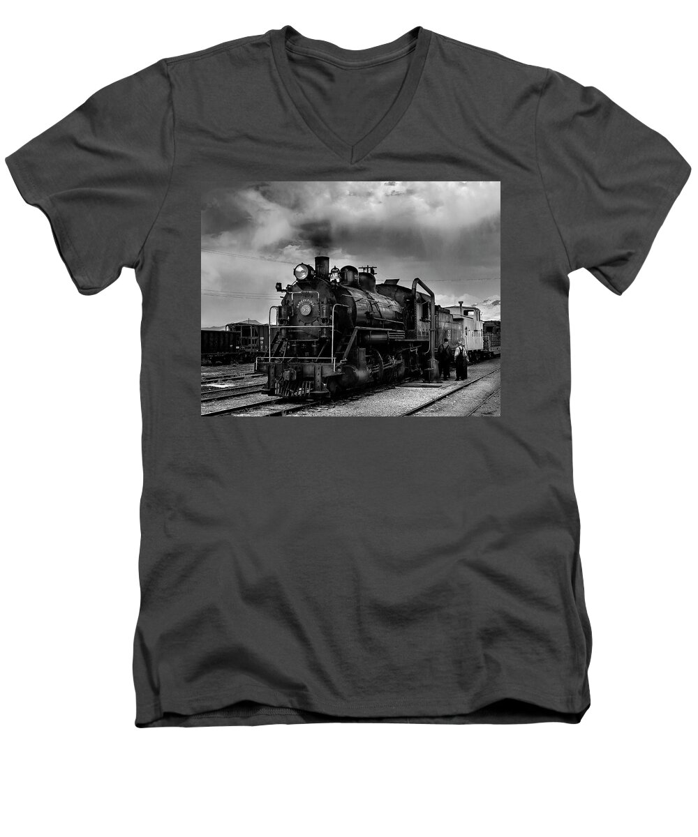 America Men's V-Neck T-Shirt featuring the photograph Steam Locomotive in Black and White 1 by James Sage