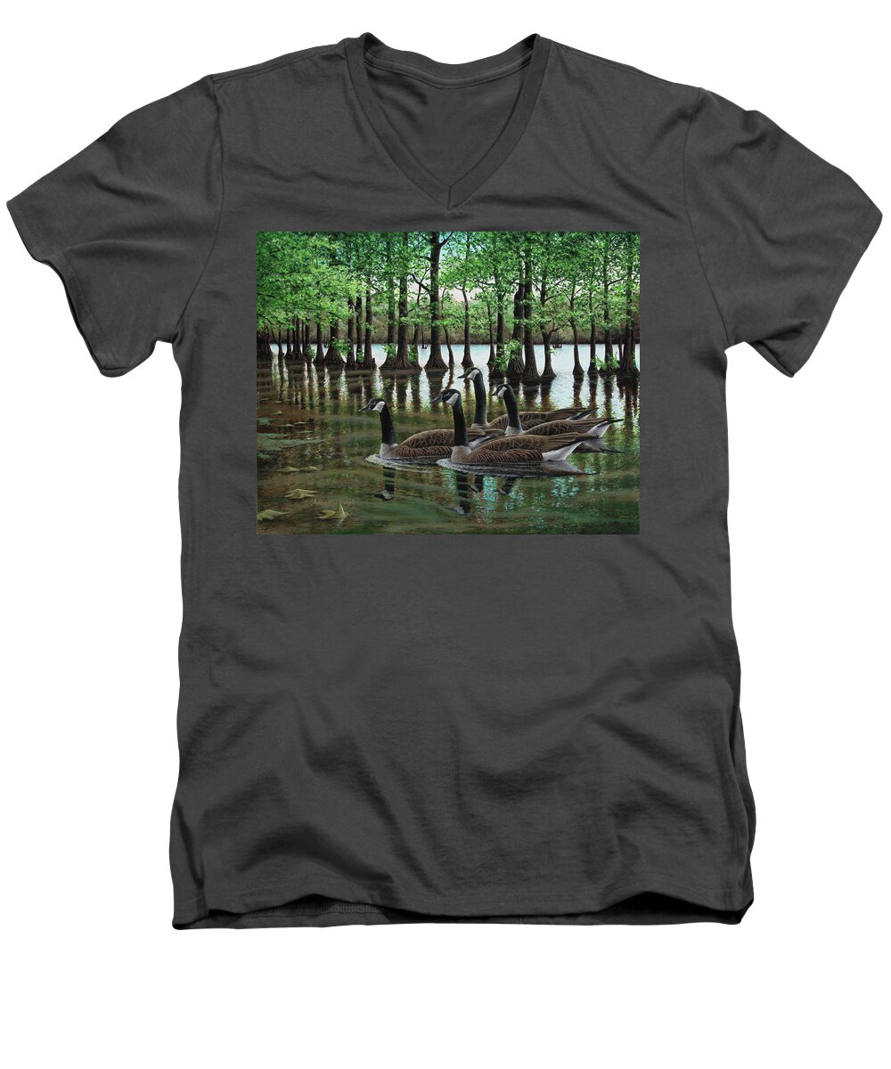 Geese Men's V-Neck T-Shirt featuring the painting Summer Among the Cypress by Anthony J Padgett