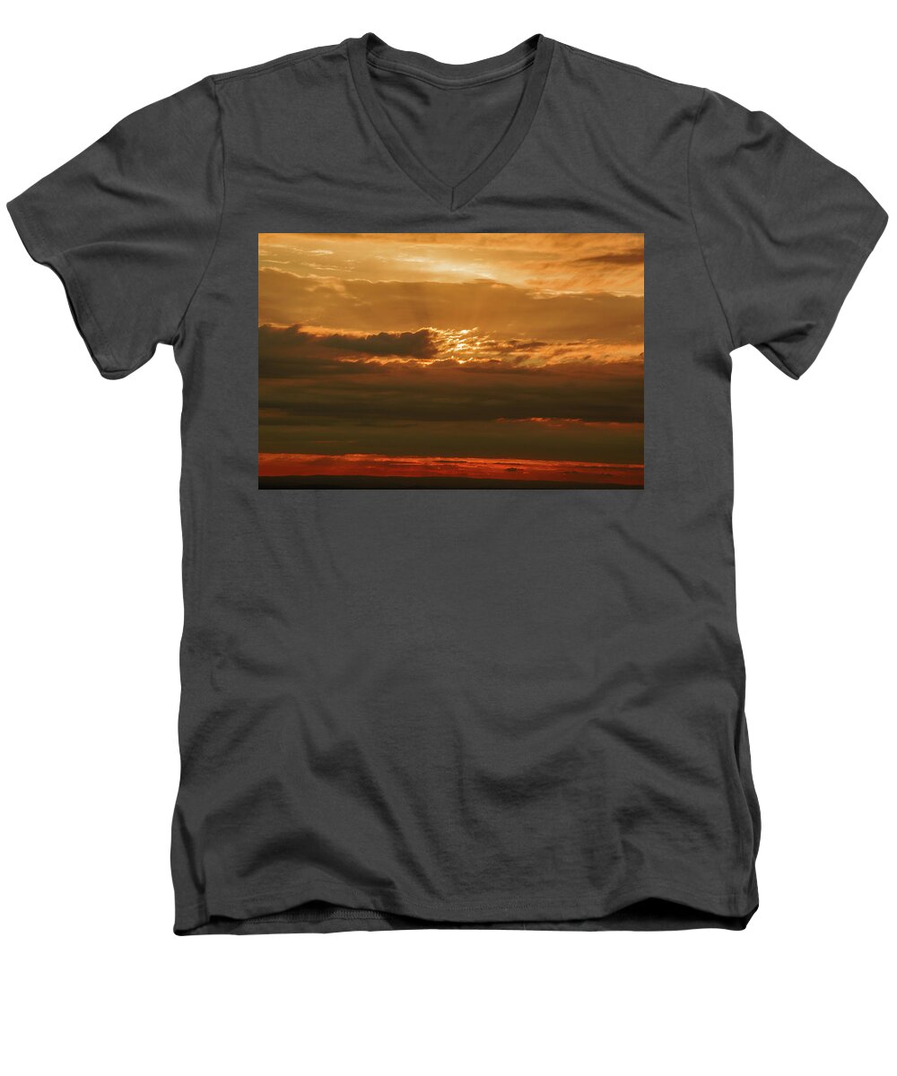 Sunset Men's V-Neck T-Shirt featuring the photograph Sun behind dark clouds in Vogelsberg by Sun Travels