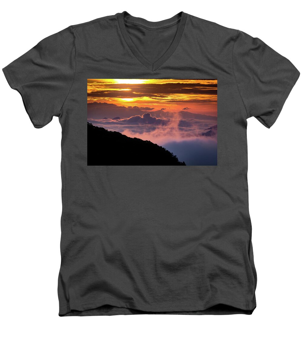 Sunrise Men's V-Neck T-Shirt featuring the photograph Sunrise above the Smokey Mountains by Randall Allen