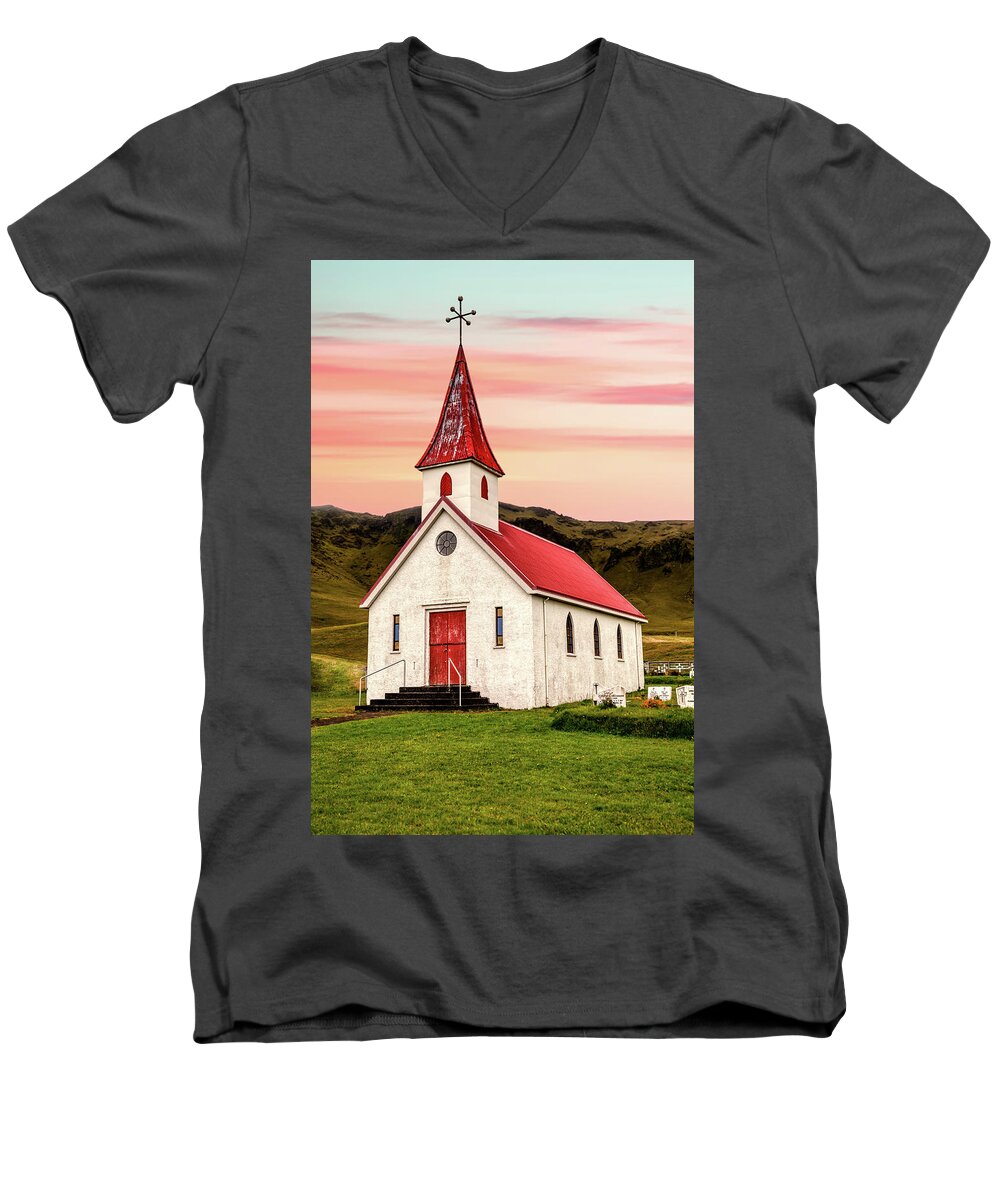 Church Men's V-Neck T-Shirt featuring the photograph Sunset Chapel of Iceland by David Letts