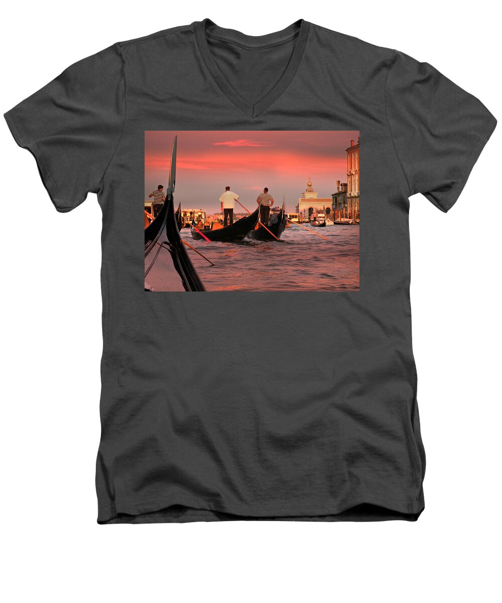 Gondola Men's V-Neck T-Shirt featuring the photograph Sunset Gondolas by Micki Findlay