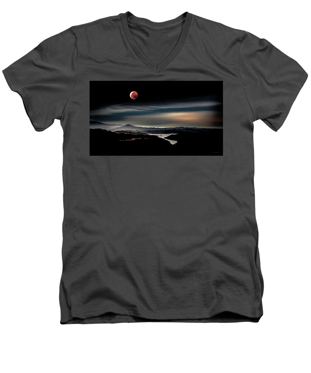 Photograph Men's V-Neck T-Shirt featuring the photograph Super Blood Wolf Moon Eclipse Over Lake Casitas at Ventura County, California by John A Rodriguez